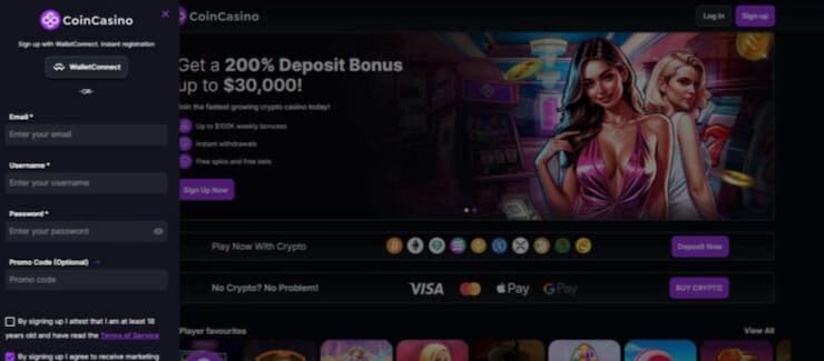 A screenshot of the sign up process at coincasino crypto casino site
